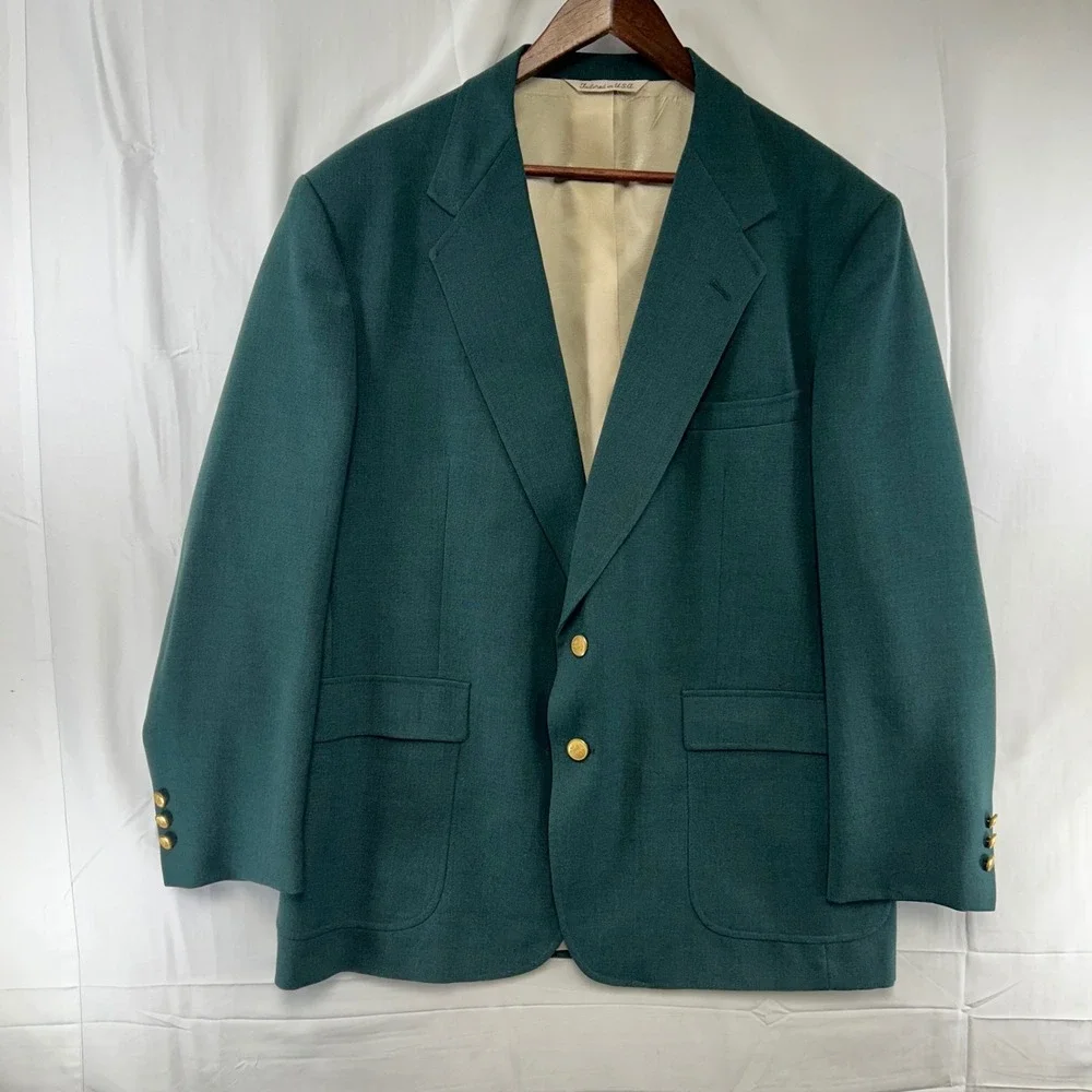 Stafford Blazer Mens 46R Green Two-Button Gold Crest Buttons USA Made
